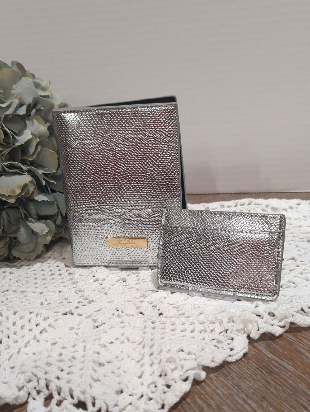 Trina Turk Silver Metallic  Textured Leather Passport Wallet Or Card Holder
